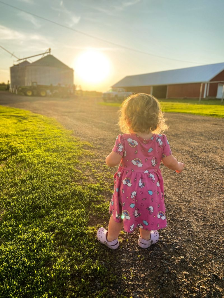 A little girl looks at the sunset on the family farm.